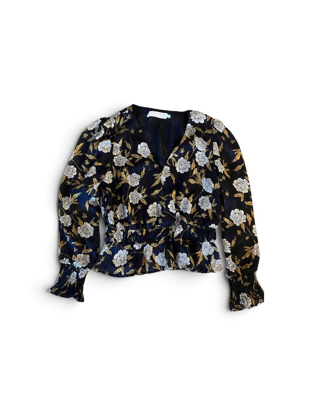 Astr Navy Floral Wrap Blouse with Gold & White Accents
